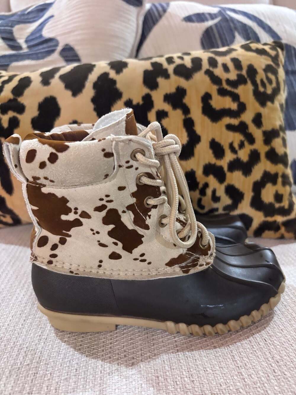 Outwoods Kids Size Cow Print Lace Up Rubber Duck Boots